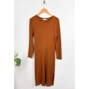 Leyden Burnt Orange Ribbed Long Sleeve Midi Sweater Dress Sz L